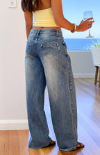 Aşıklar Yolu Orta Yıkama Denim Kalp Cep Rahat Jean
