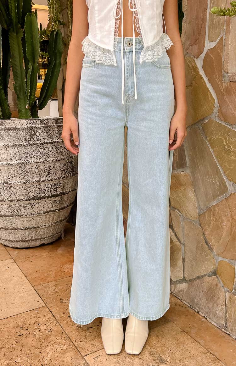 Marelle Açık Mavi Denim Geniş Paça Yandan Yırtmaçlı Jean