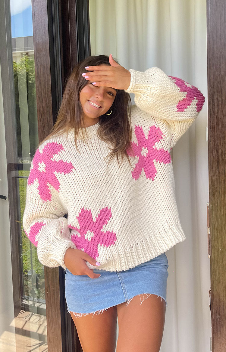 Ryver Krem Çiçekli Örgü Kazak