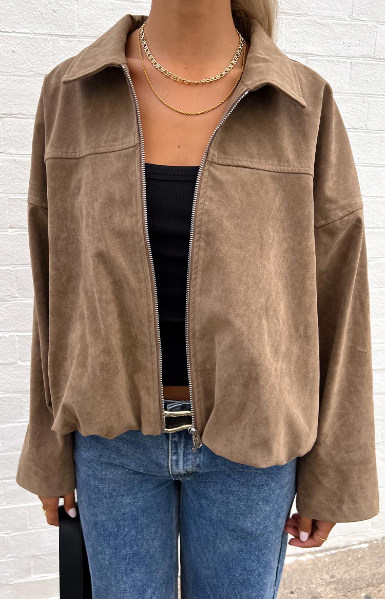 Nehir Kahverengi Süet Bubble Hem Bomber Ceket