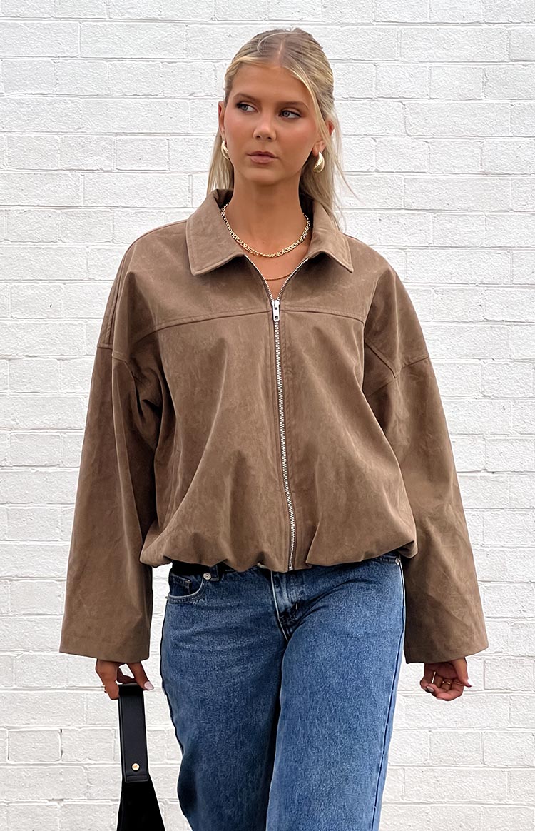 Nehir Kahverengi Süet Bubble Hem Bomber Ceket