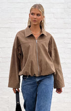 Nehir Kahverengi Süet Bubble Hem Bomber Ceket