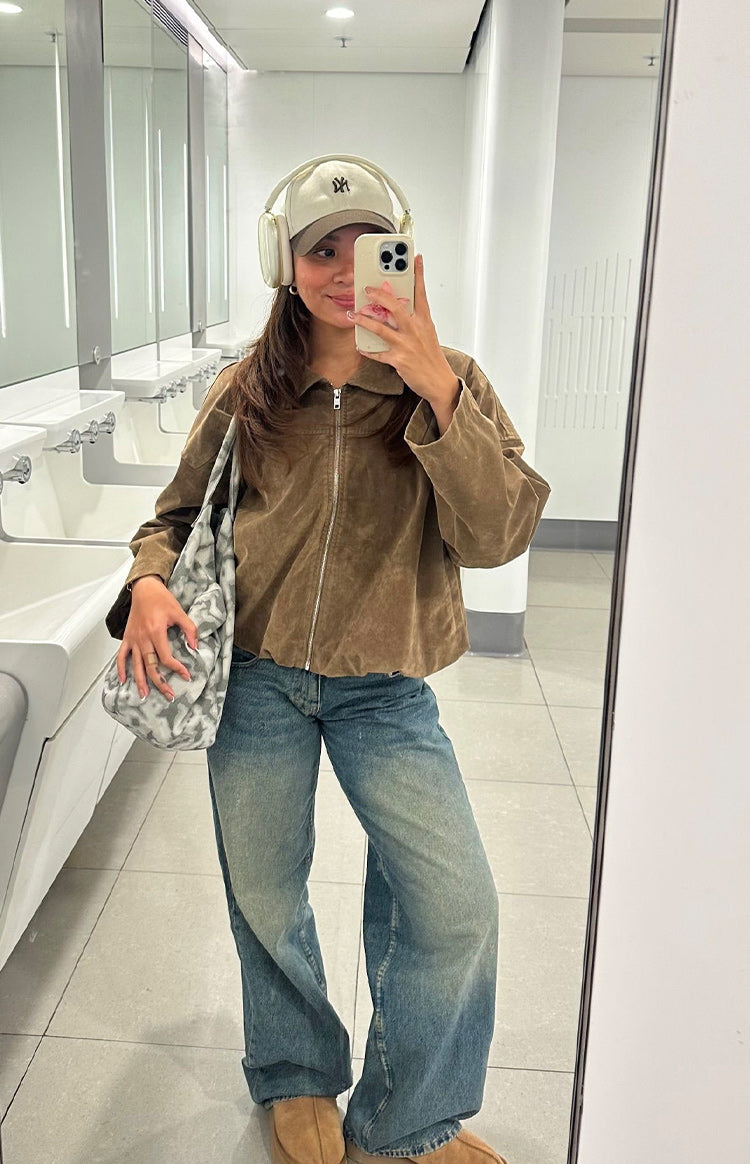 Nehir Kahverengi Süet Bubble Hem Bomber Ceket
