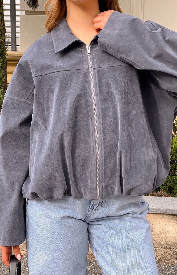 River Steel Grey Suedette Bubble Hem Bomber Ceket