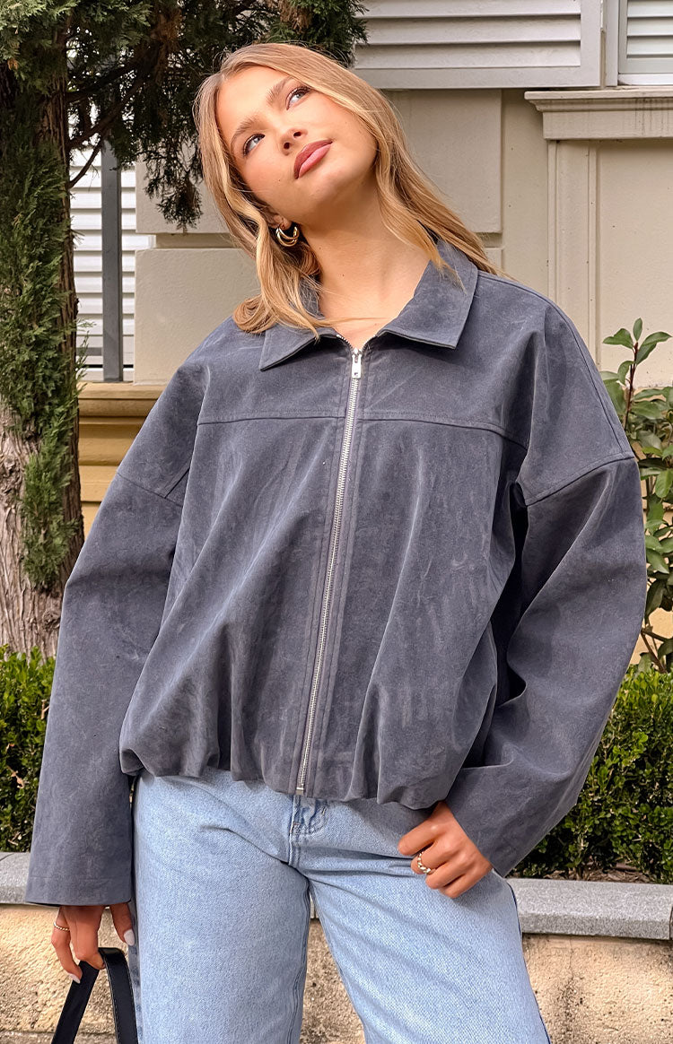 River Steel Grey Suedette Bubble Hem Bomber Ceket