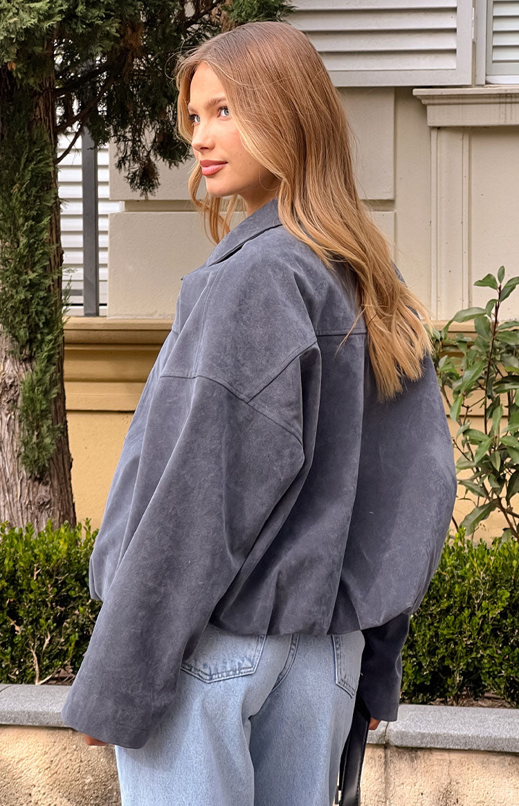 River Steel Grey Suedette Bubble Hem Bomber Ceket