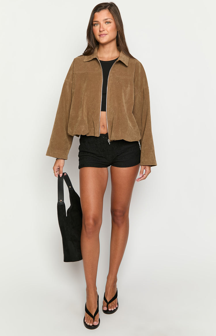 Nehir Kahverengi Süet Bubble Hem Bomber Ceket