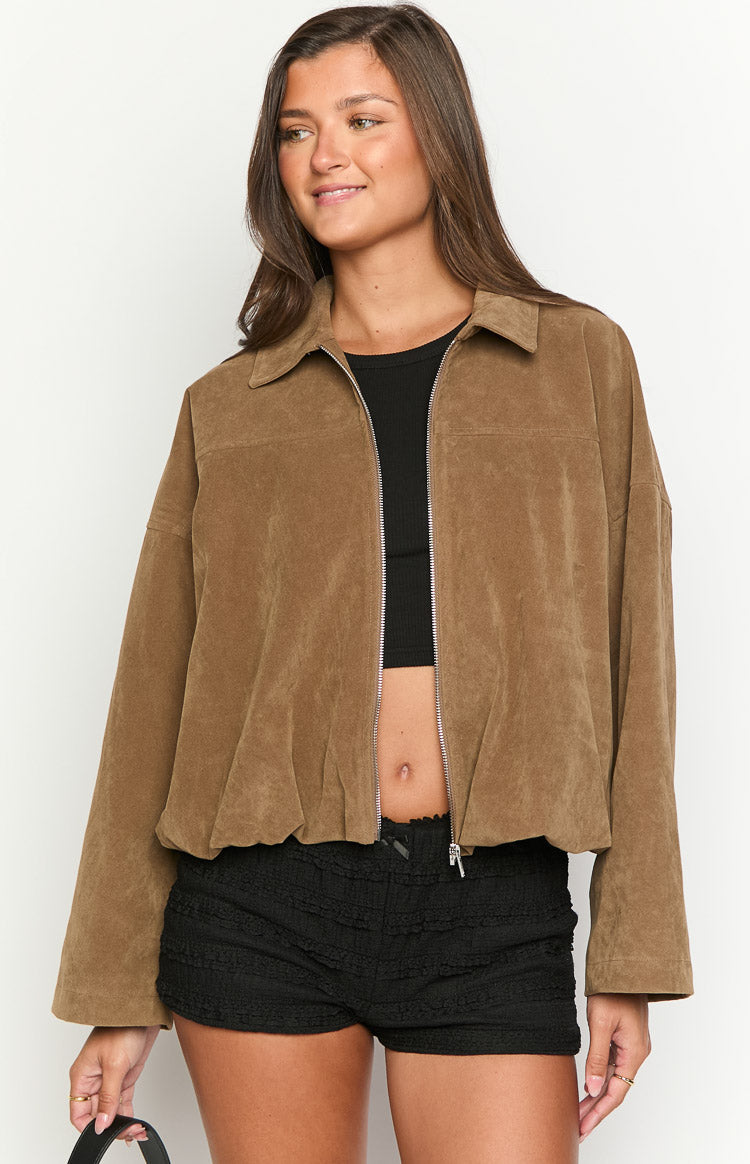 Nehir Kahverengi Süet Bubble Hem Bomber Ceket