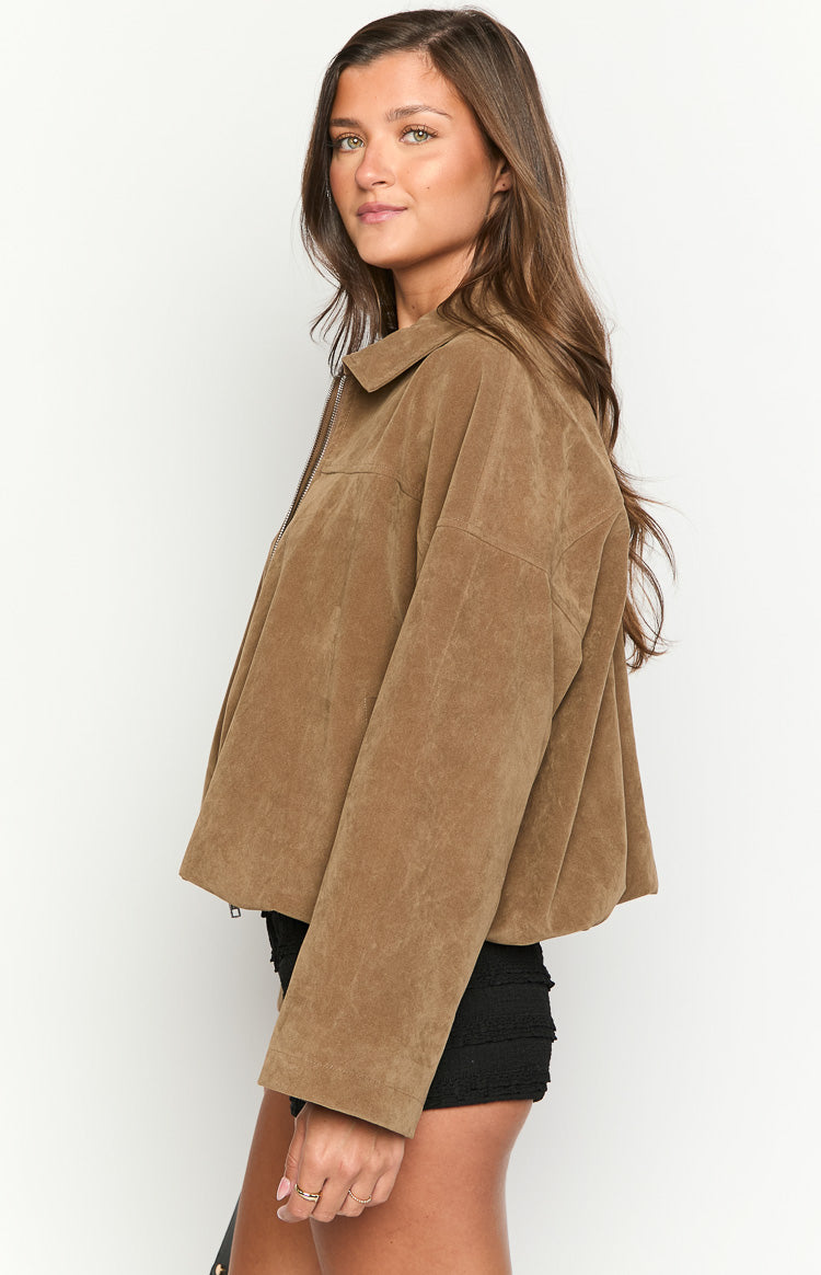 Nehir Kahverengi Süet Bubble Hem Bomber Ceket