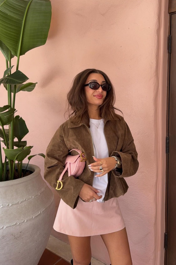 Nehir Kahverengi Süet Bubble Hem Bomber Ceket