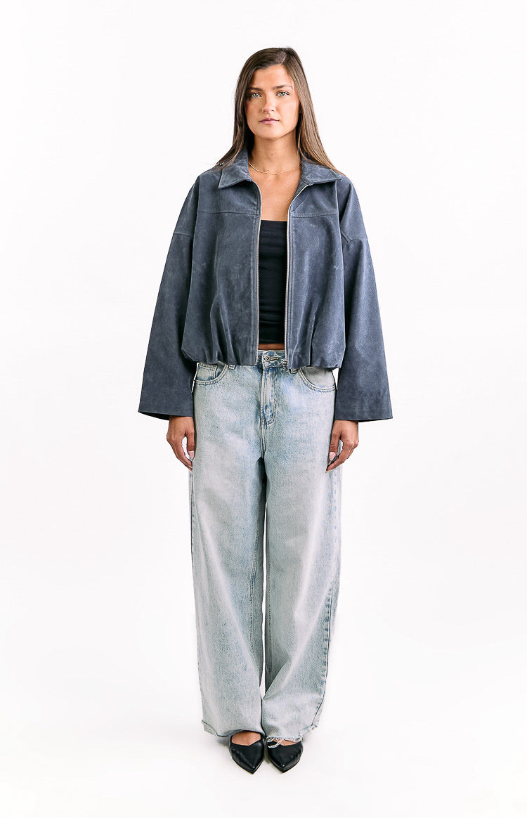 River Steel Grey Suedette Bubble Hem Bomber Ceket