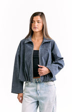 River Steel Grey Suedette Bubble Hem Bomber Ceket