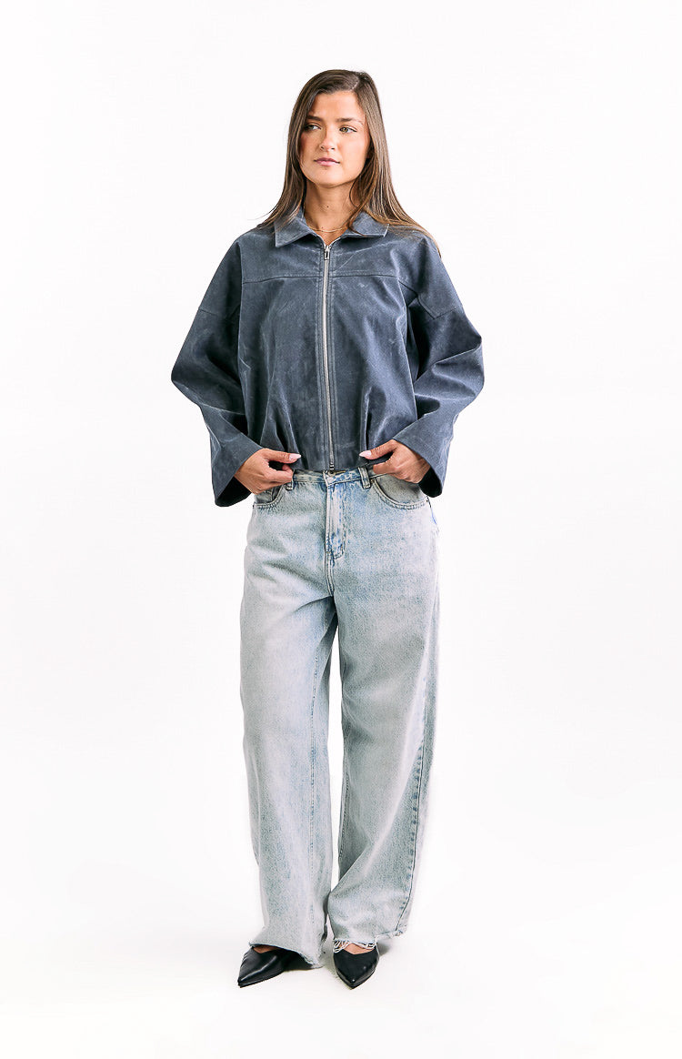 River Steel Grey Suedette Bubble Hem Bomber Ceket
