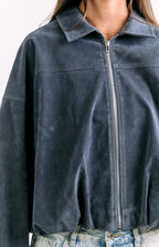 River Steel Grey Suedette Bubble Hem Bomber Ceket
