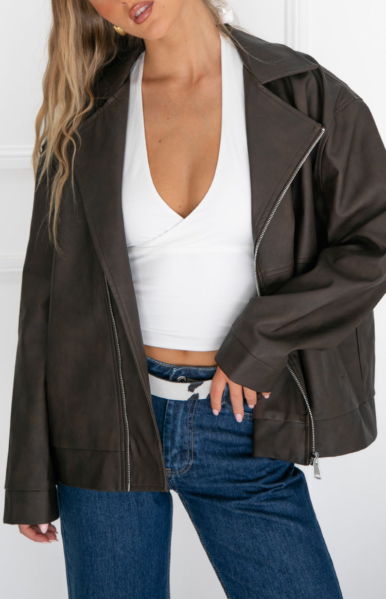Rochelle PU Çikolata Kahverengi Oversized Motosiklet Ceketi