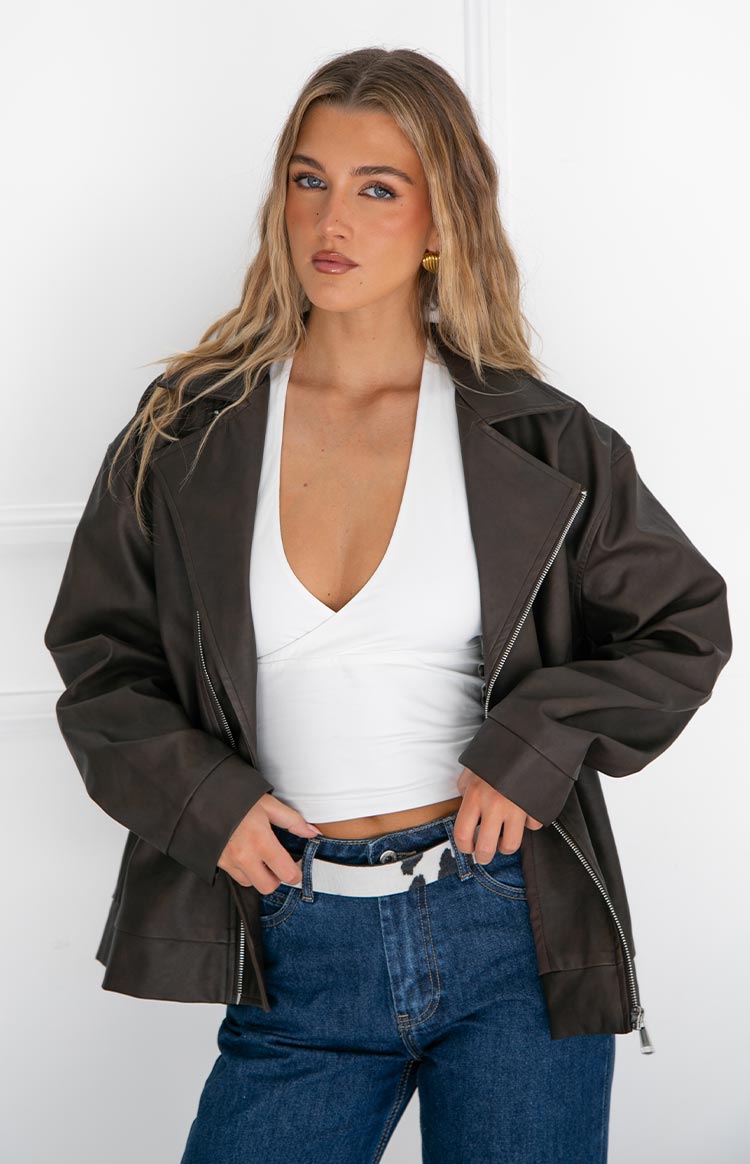 Rochelle PU Çikolata Kahverengi Oversized Motosiklet Ceketi