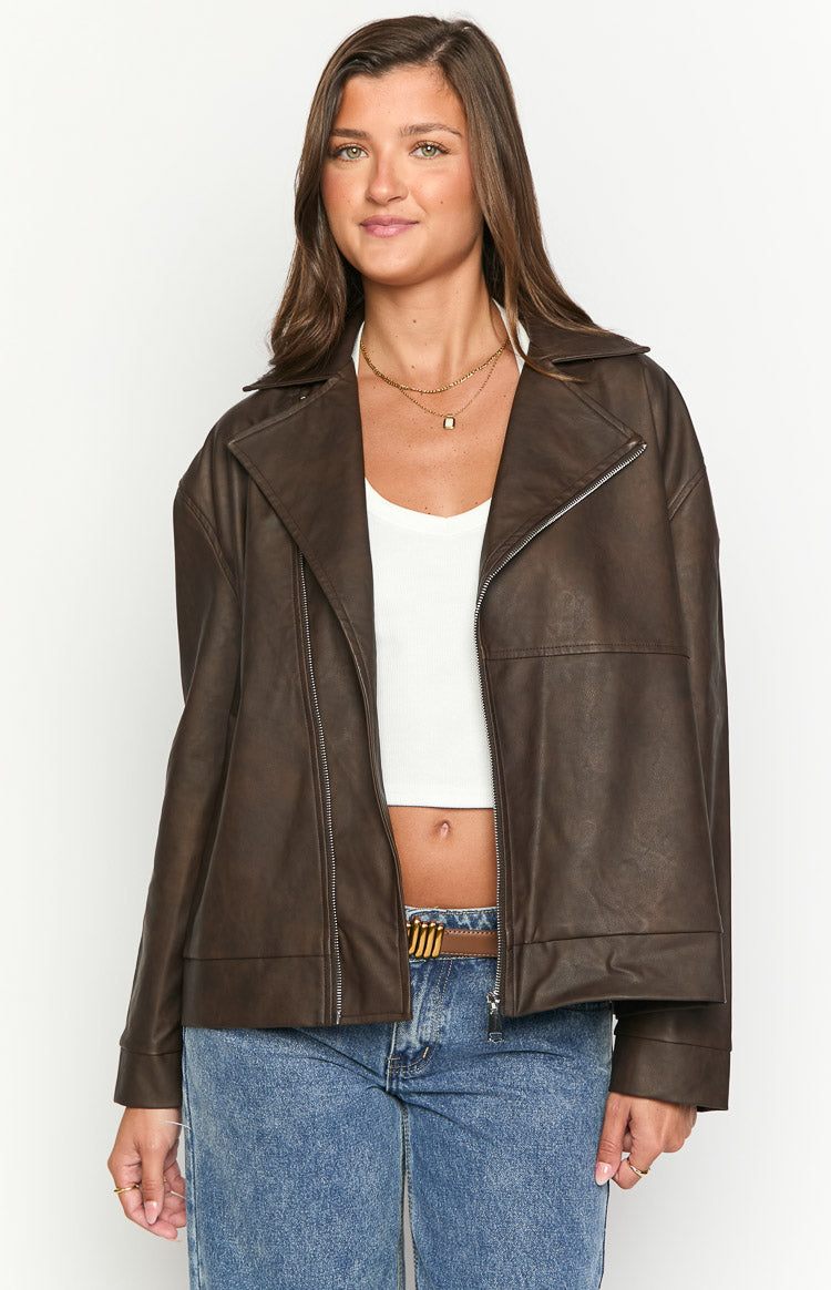 Rochelle PU Çikolata Kahverengi Oversized Motosiklet Ceketi