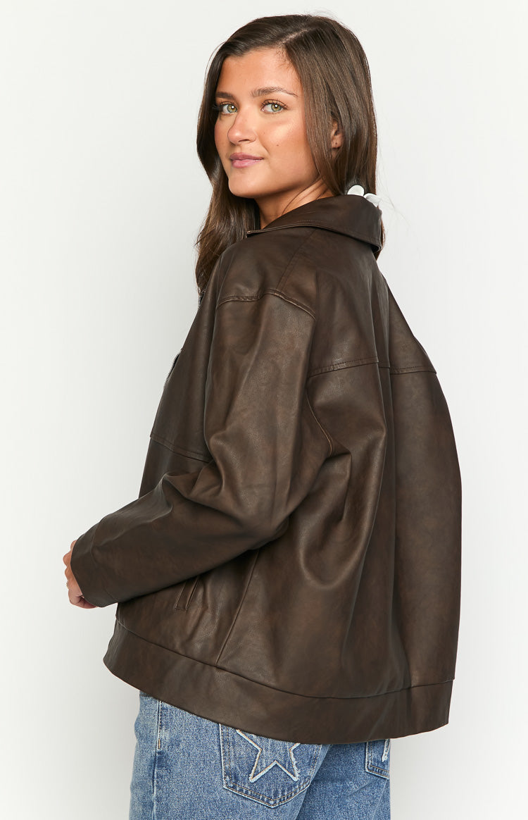 Rochelle PU Çikolata Kahverengi Oversized Motosiklet Ceketi