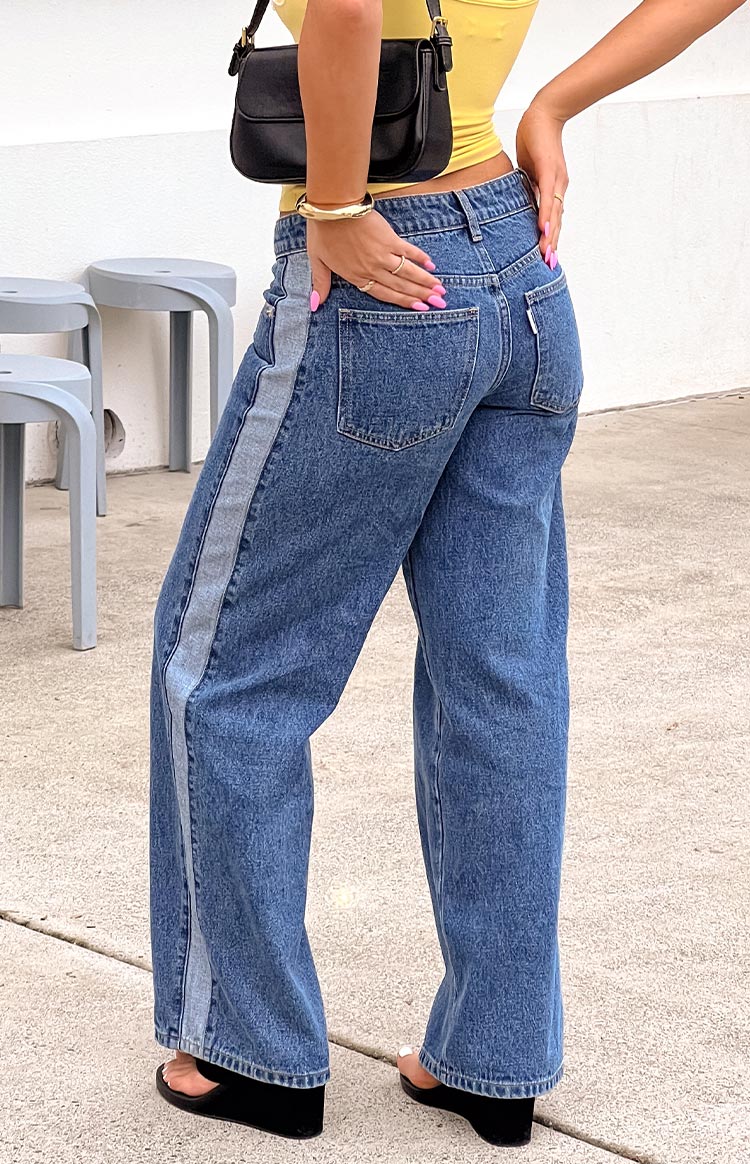 Roonie Kontrast Şerit Orta Yıkama Denim Düşük Bel Jean