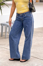 Roonie Kontrast Şerit Orta Yıkama Denim Düşük Bel Jean