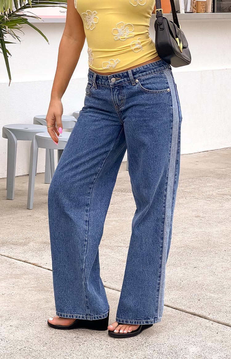 Roonie Kontrast Şerit Orta Yıkama Denim Düşük Bel Jean