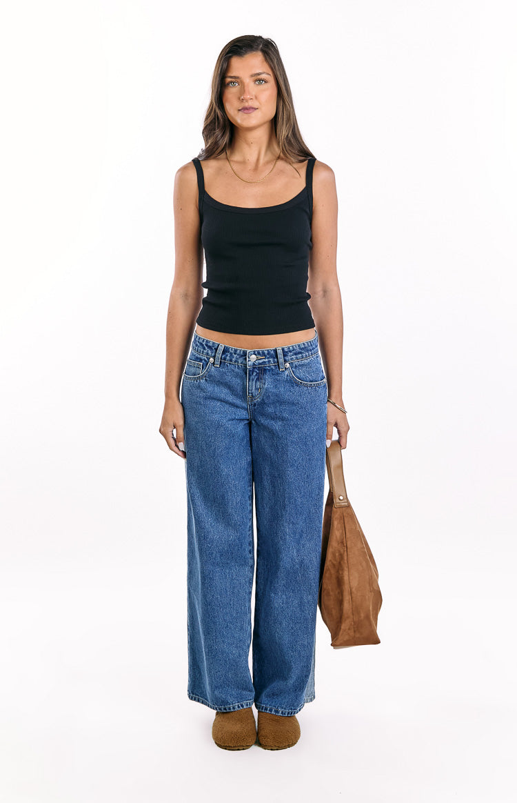 Roonie Kontrast Şerit Orta Yıkama Denim Düşük Bel Jean