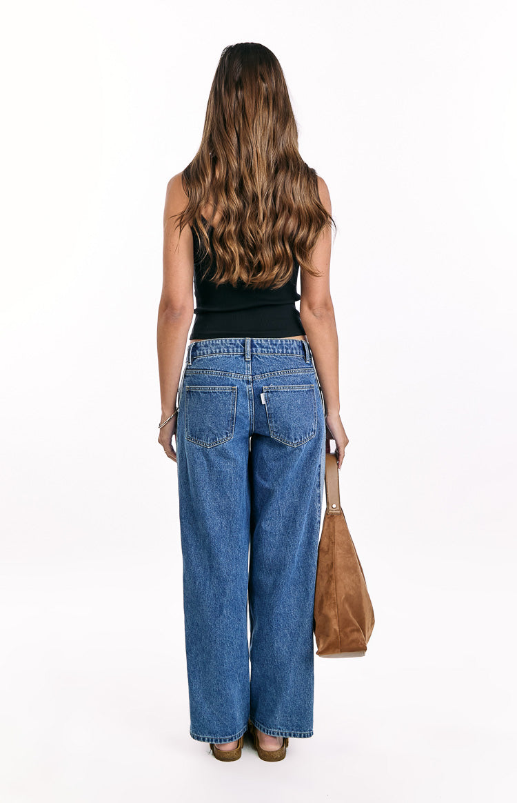 Roonie Kontrast Şerit Orta Yıkama Denim Düşük Bel Jean