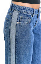 Roonie Kontrast Şerit Orta Yıkama Denim Düşük Bel Jean