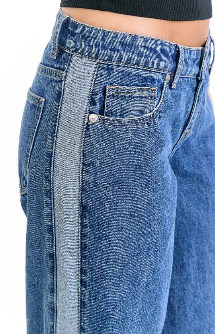 Roonie Kontrast Şerit Orta Yıkama Denim Düşük Bel Jean