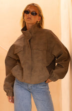 Sapna Kahverengi Oversized Funnel Yaka Süet Ceket