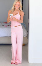 Sia Açık Pembe Çizgili Katlanabilir Jersey Pantolon