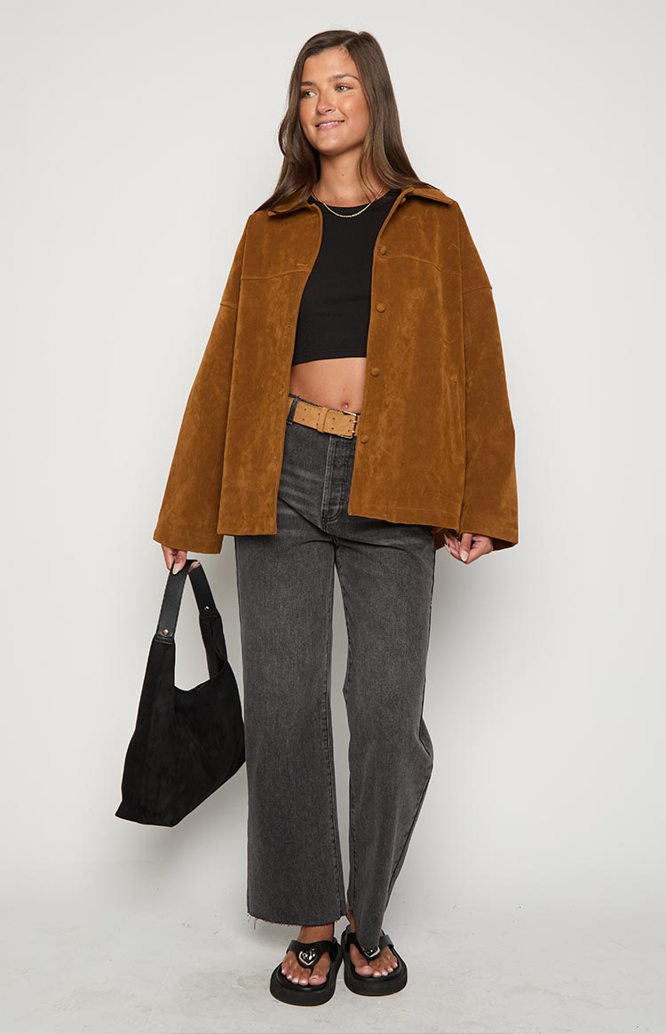 Suki Açık Kahverengi Süet Oversized Ceket