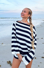 Willa Lacivert Çizgili Off Shoulder Triko Kazak