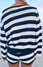Willa Lacivert Çizgili Off Shoulder Triko Kazak