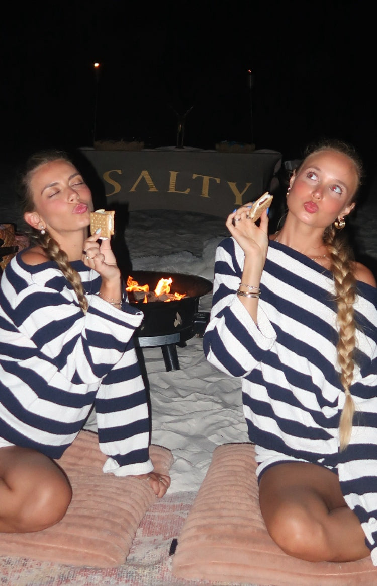 Willa Lacivert Çizgili Off Shoulder Triko Kazak