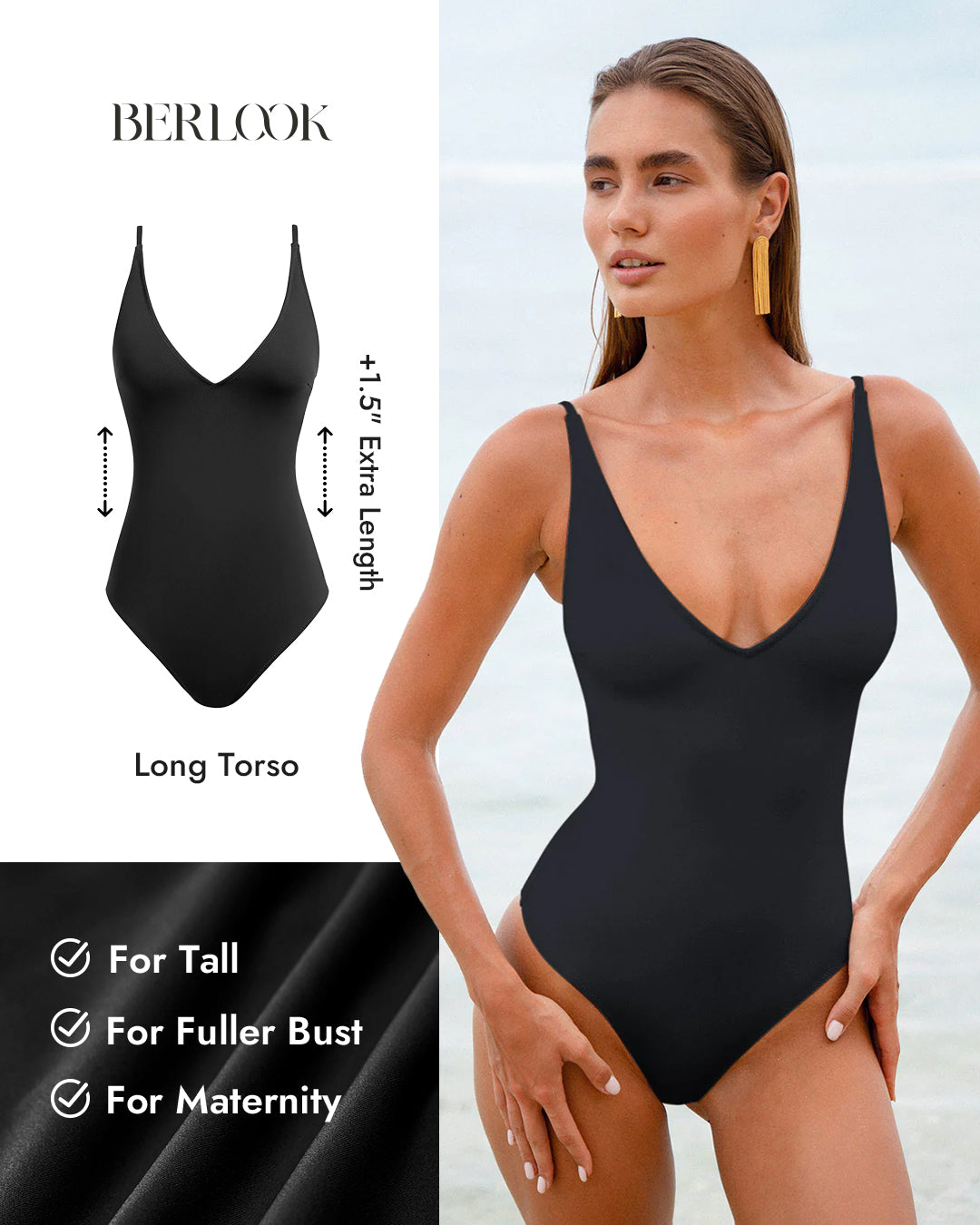 Uzun Torso V Yaka Karın Kontrol Tek Parça Mayo
