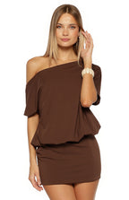 Bisou Kahverengi Off Shoulder Mini Elbise