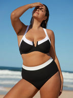 Şık Siyah Büyük Beden Bikini Üstü - Kontrast Şerit Detaylı