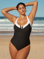 Şık Kontrast Dikişli Büyük Beden Tek Parça Mayo