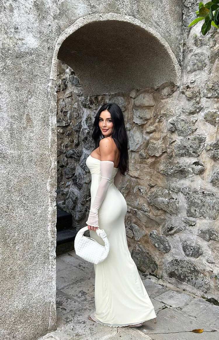 Odette Krem Uzun Kollu Resmi Maxi Elbise