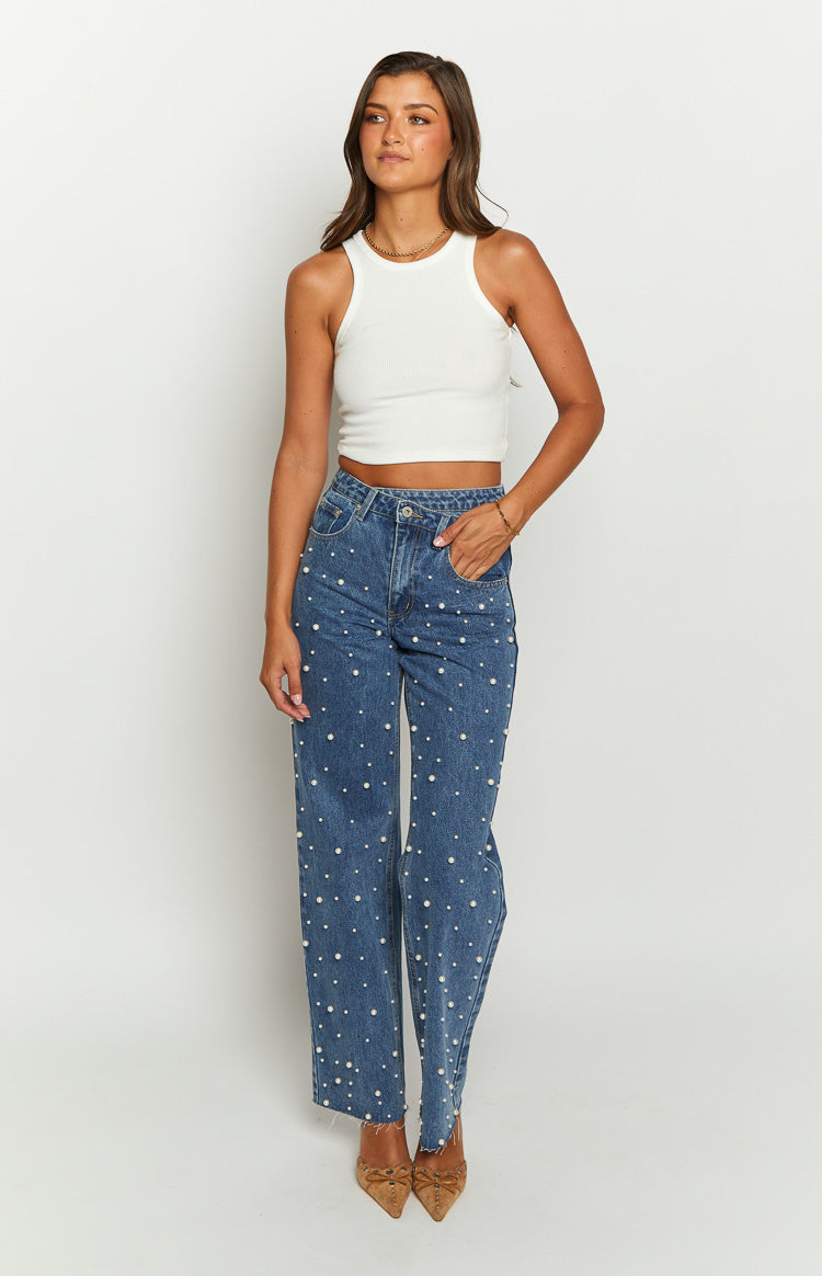 Denim Dazzle İnci Orta Yıkama Yüksek Bel Kot Pantolon