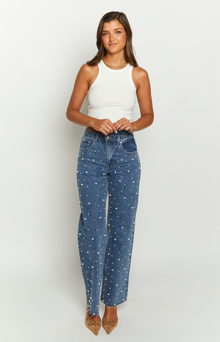 Denim Dazzle İnci Orta Yıkama Yüksek Bel Kot Pantolon