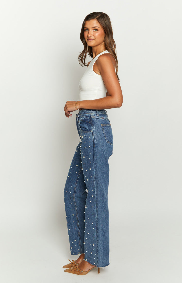 Denim Dazzle İnci Orta Yıkama Yüksek Bel Kot Pantolon