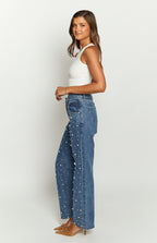 Denim Dazzle İnci Orta Yıkama Yüksek Bel Kot Pantolon