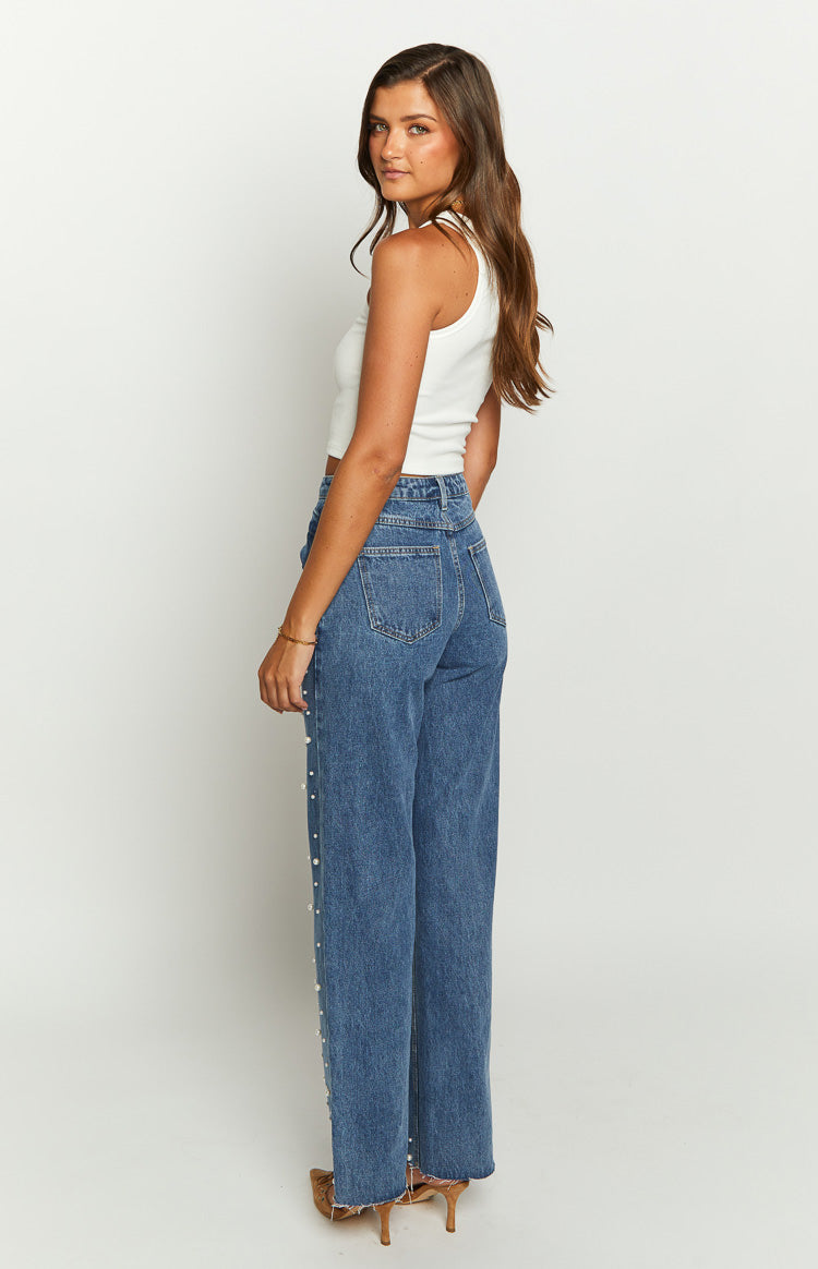 Denim Dazzle İnci Orta Yıkama Yüksek Bel Kot Pantolon