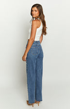 Denim Dazzle İnci Orta Yıkama Yüksek Bel Kot Pantolon