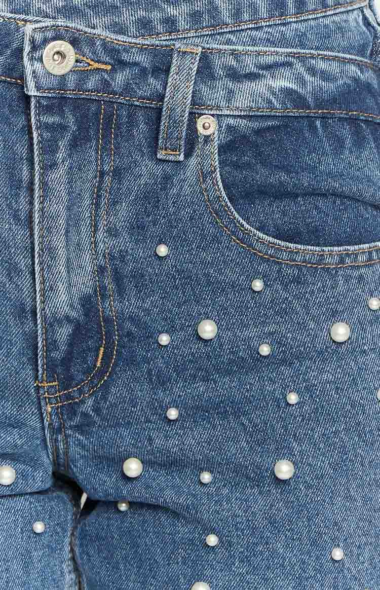 Denim Dazzle İnci Orta Yıkama Yüksek Bel Kot Pantolon