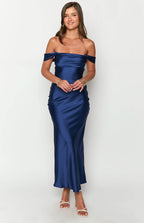 Ella Lacivert Off Shoulder Resmi Maxi Elbise