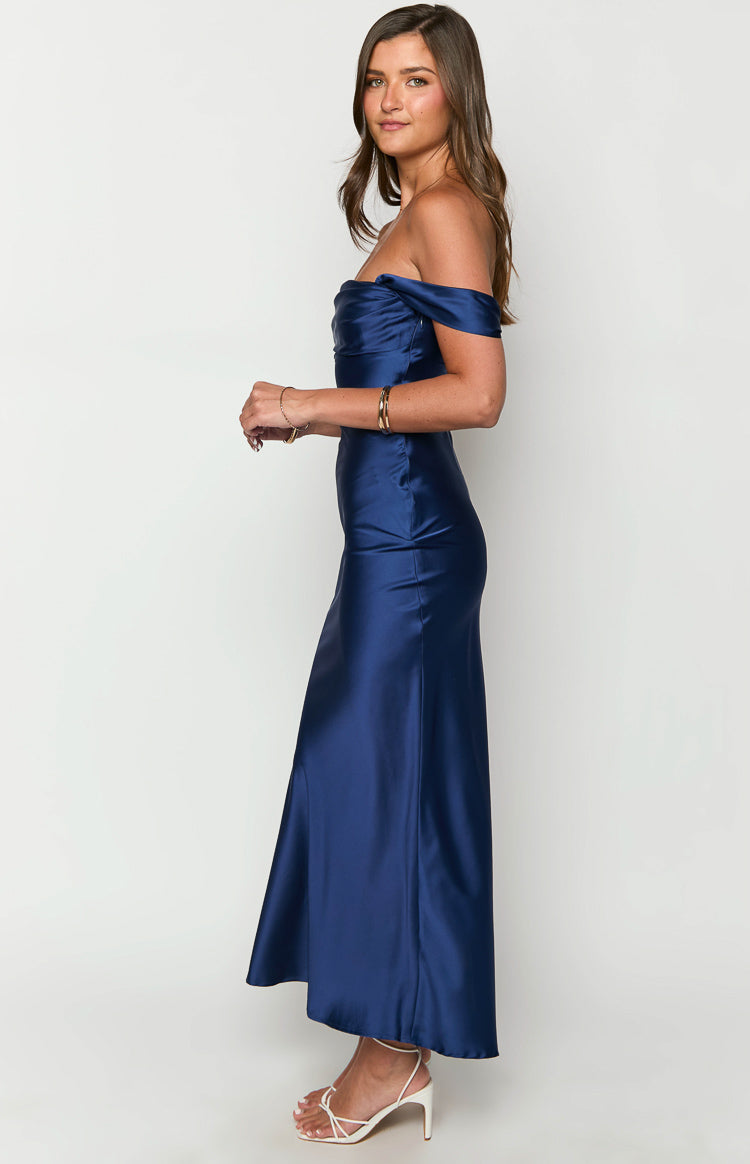 Ella Lacivert Off Shoulder Resmi Maxi Elbise