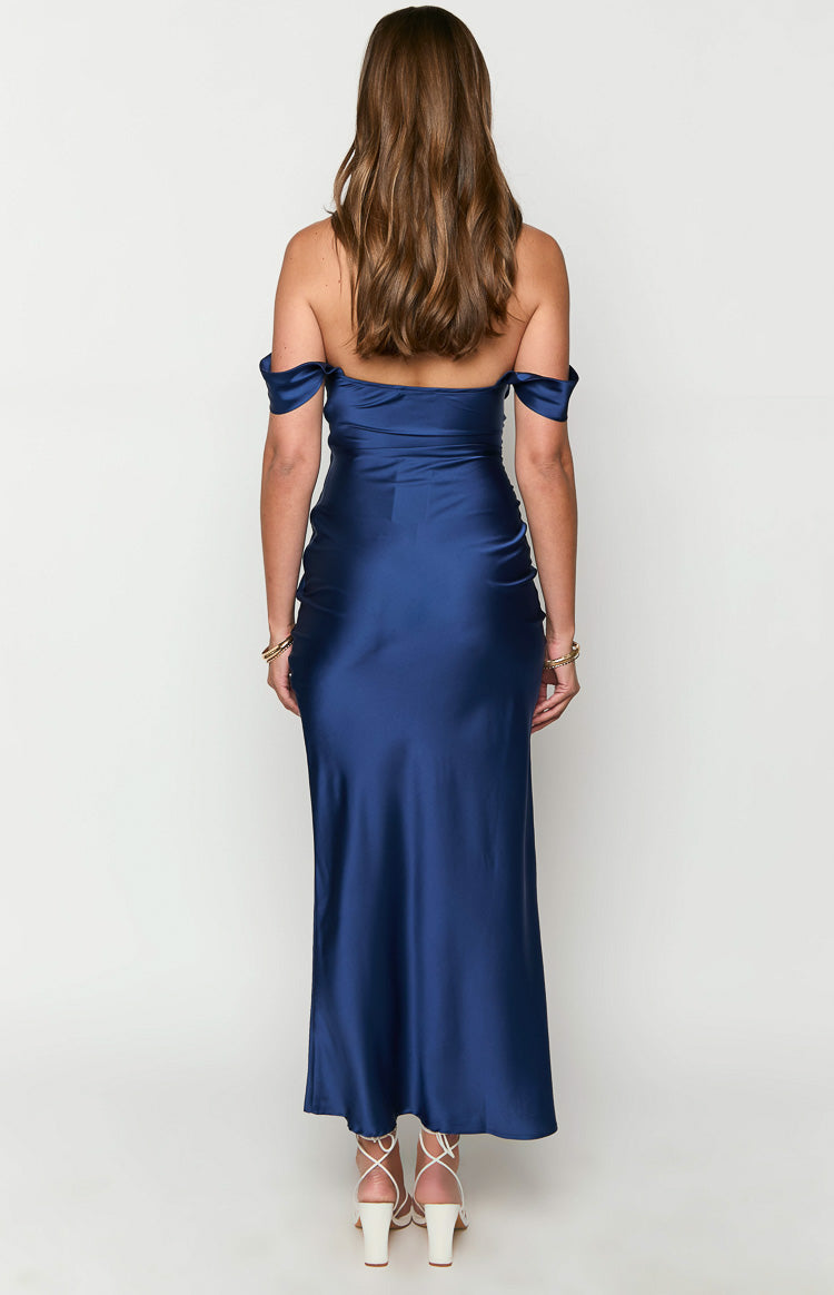 Ella Lacivert Off Shoulder Resmi Maxi Elbise